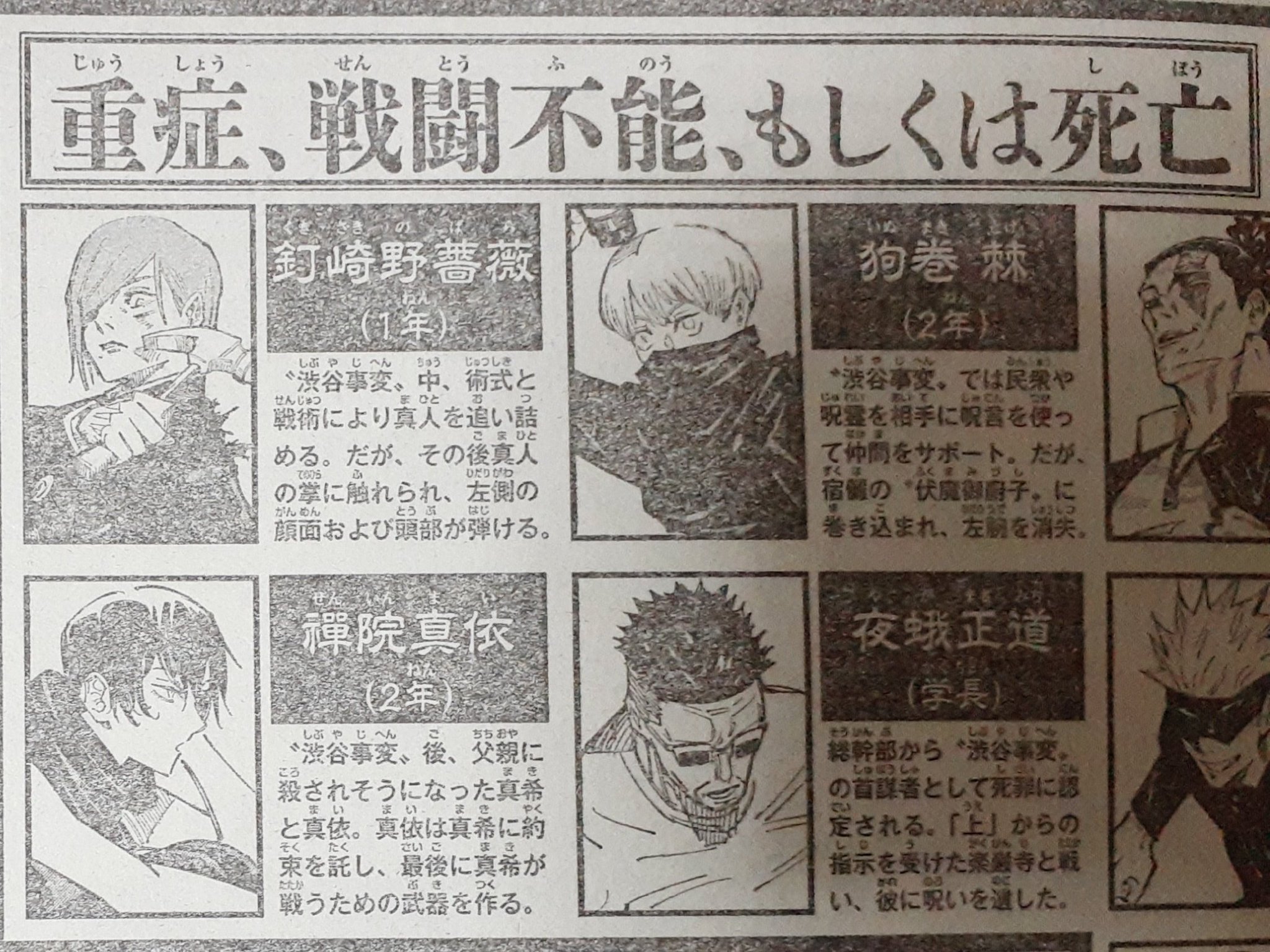 ロハン 離脱者多数の呪術廻戦のおさらいページはありがたい 釘崎の死亡が明記されてない 生きているならなぜ伏黒は伝えないのか 京都姉妹校交流会の際 虎杖は生き返った際にドッキリを仕掛けて激おこだったから野薔薇の仕返しなんだろう T