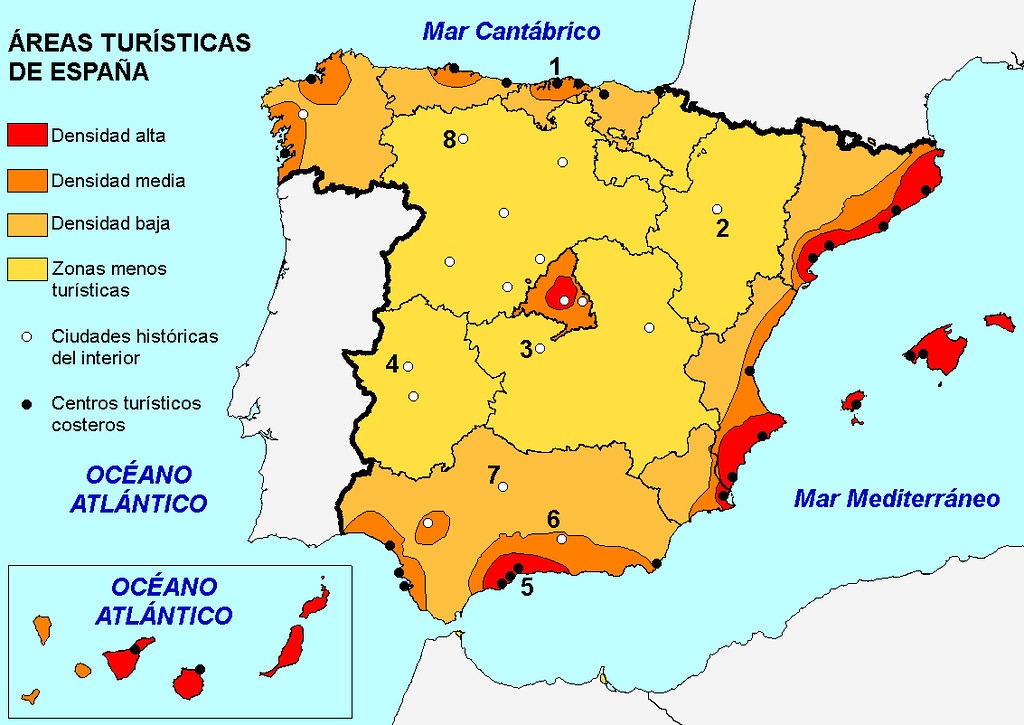 silviapm99's tweet photo. #DCSUVA #Primaria1VA #Espacio 
Otro factor determiante es el desmedido turismo de la zona por el que se ha tenido que edificar desmesuradamente cerca de la costa. 
En este mapa se puede observar las áreas más turisticas de España, entre las que se encuentra la costa del Mar Menor https://t.co/vrxv72GjhC