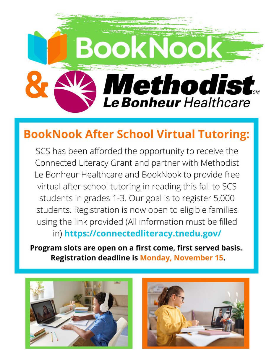 DexterK8MSCS's tweet image. Is your child in 1st-3rd grade? Are they needing tutoring in Reading? Click the link to sign up for free virtual tutoring! @SCSK12Unified 📚 connectedliteracy.tnedu.gov