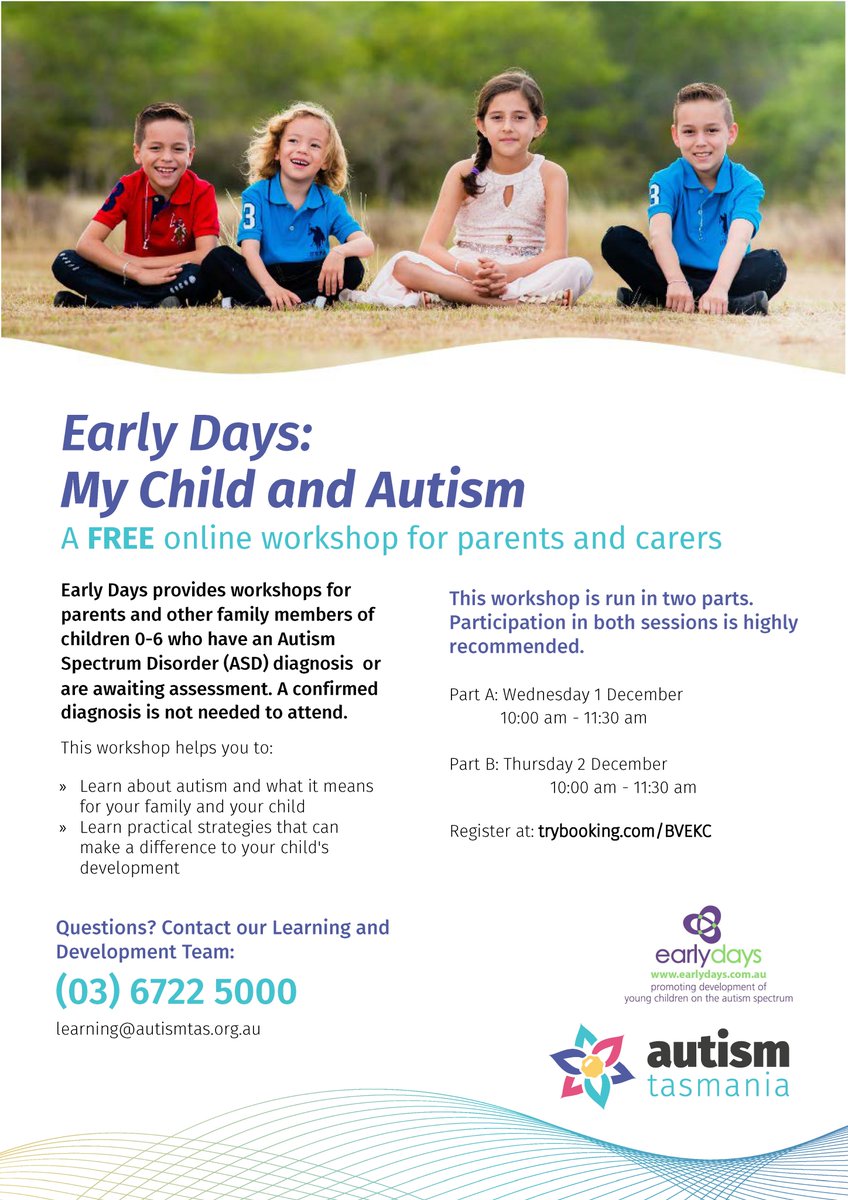 AutismTasmania's tweet photo. Join us for our final family and carer workshop of the year online! 💻 My Child and Autism is a free workshop run in collaboration with Early Days. Register your place online. https://t.co/46ywR4sB1U
#autism #tasmania #online #learning #earlydays https://t.co/S83R0I8oUy