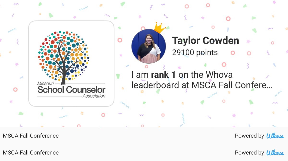 TaylorCowden's tweet photo. I made it! #1 on the leaderboard at #MSCA21 via Whova event app https://t.co/XfVViKSaf2 https://t.co/rZvsqWxlBC