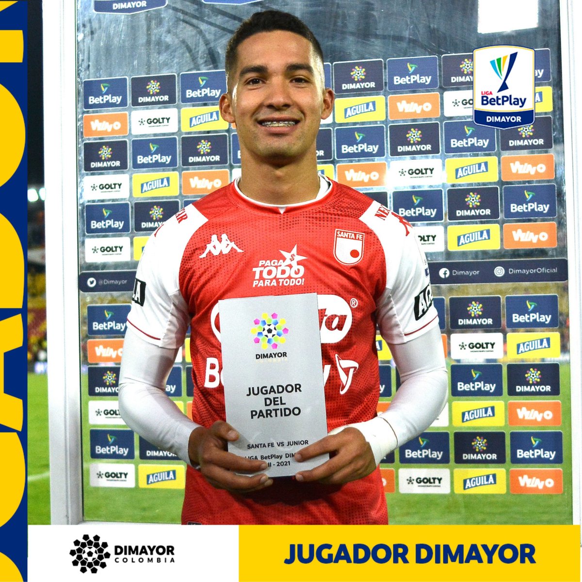 Dimayor's tweet photo. #JugadorDIMAYOR 🥇⚽🏃‍♂

🌟🏅 Juan Sebastián Pedroza de @SantaFe fue elegido como el mejor jugador del partido.🏅🌟 https://t.co/PhhsABLNMU