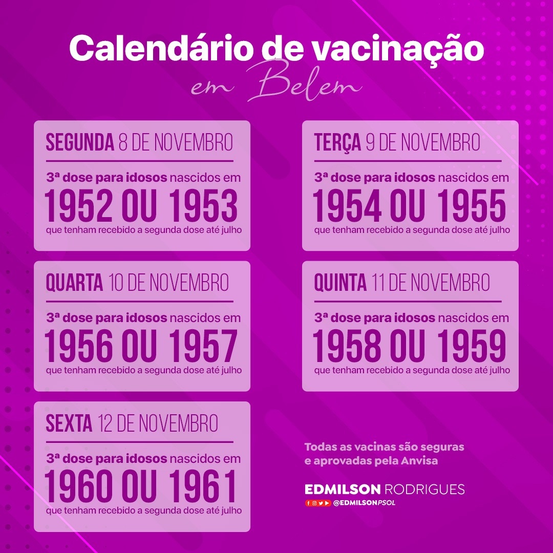Nesta semana, será aplicada a dose de reforço (3° dose) nas pessoas de 60 a 69 anos. Fiquem atentos às datas e aos locais. 💉 #BelémVacinada