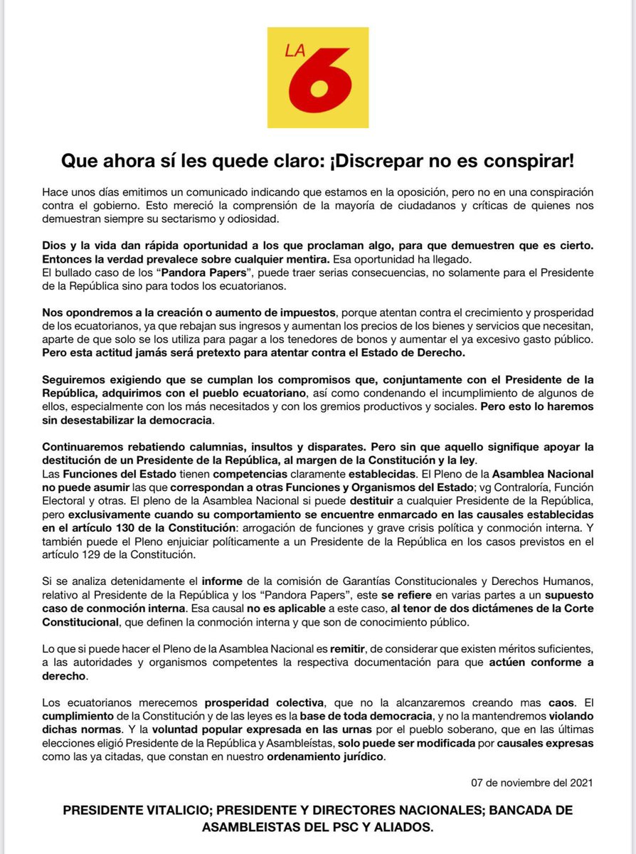 Que quede absolutamente claro que la posición del PSC frente a los comentarios recibidos, es que en la discrepancia no hay ninguna conspiración. Aquí 👇#PSC #Quito una amplia y clara determinación.