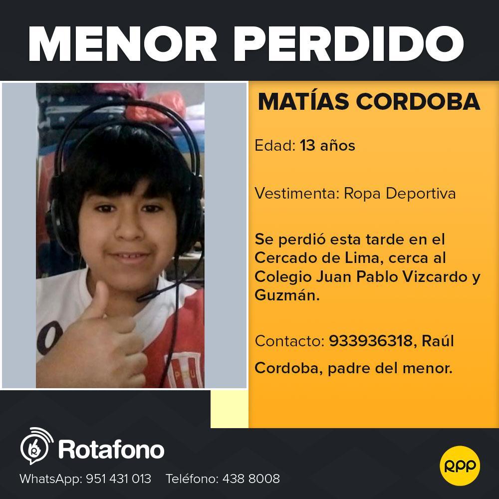 🔴 #Atención Aviso de servicio público: el pequeño Matías de 13 años se perdió esta tarde en el Cercado de Lima, cualquier información de valor contactarse con su padre. La familia espera noticias de él, los detalles 👇