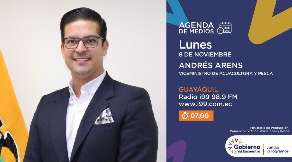 Produccion_Ecu's tweet photo. #EnMedios 🎙| Este lunes sigue la entrevista del viceministro de Acuacultura y Pesca, @andresarens, a través de @radioi99, donde expondrá el impacto y la trascendencia de la ampliación de la reserva marina en las #IslasGalápagos.

📱https://t.co/J8QDhyok0X https://t.co/hpZ1EXBT0W