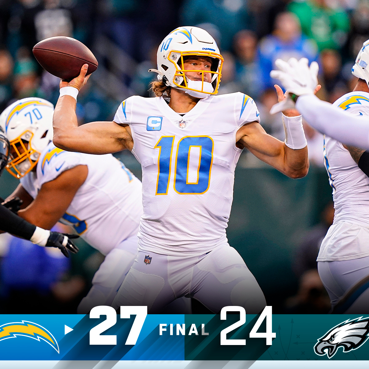 NFL's tweet photo. FINAL: The @Chargers get the road win in Philly! #LACvsPHI #BoltUp https://t.co/CIqwQ5LV32