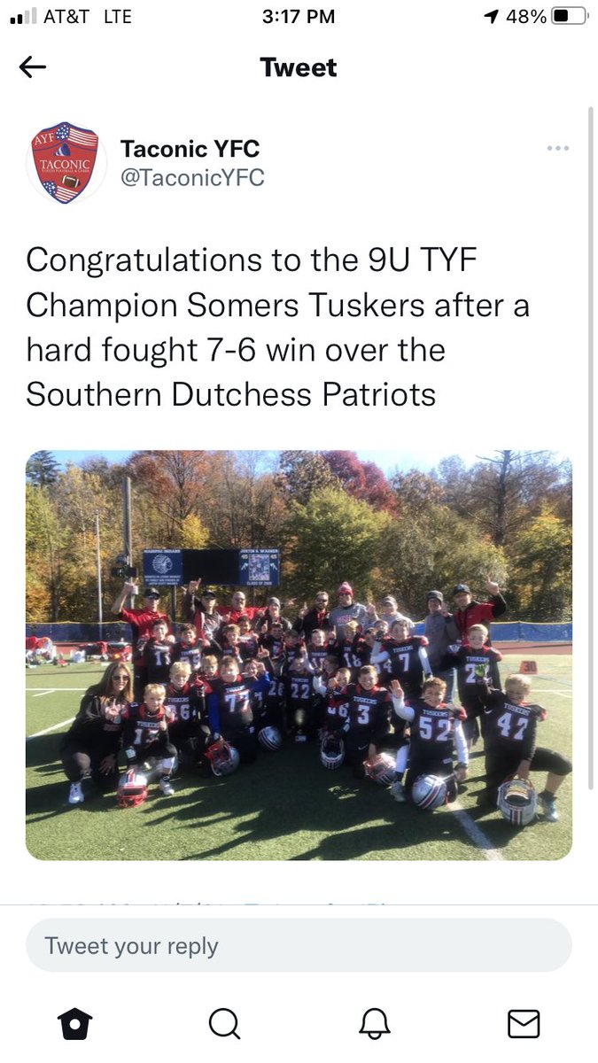 SomersFootball's tweet photo. Congrats to the 13u, 11u and 9u for winning the TYL championship today! Shout out to the 10u and 12u who fell short in the finals, amazing seasons. Also great to have our varsity guys there to show our support!! #FutireIsBright #TuskerFamily @TaconicYFC @KDJmedia1 @lohudinsider https://t.co/FbawS2VgBF