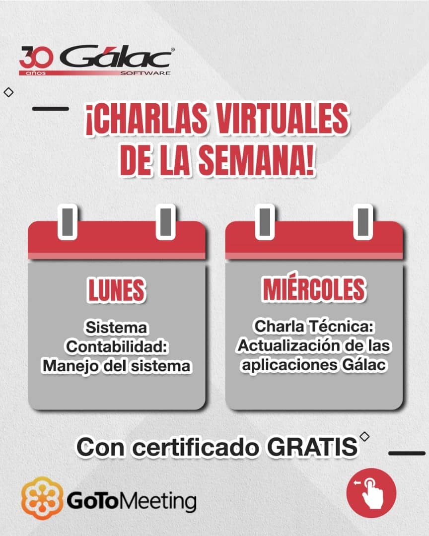 icyasgalac's tweet photo. ¡Gálac ofrece Charlas Virtuales Gratis con Certificado de Asistencia!Toma nota Agenda 08 y 10 de Noviembre.

¡Somos tu Aliado de Negocio Gálac Software en Caracas y del Convenio Gálac-CCPDC!

#softwarecontable
#softwareadministrativo 
#softwarenomina 
#cuentacongálac
#ccpdistrito https://t.co/Bwpm5okQNf