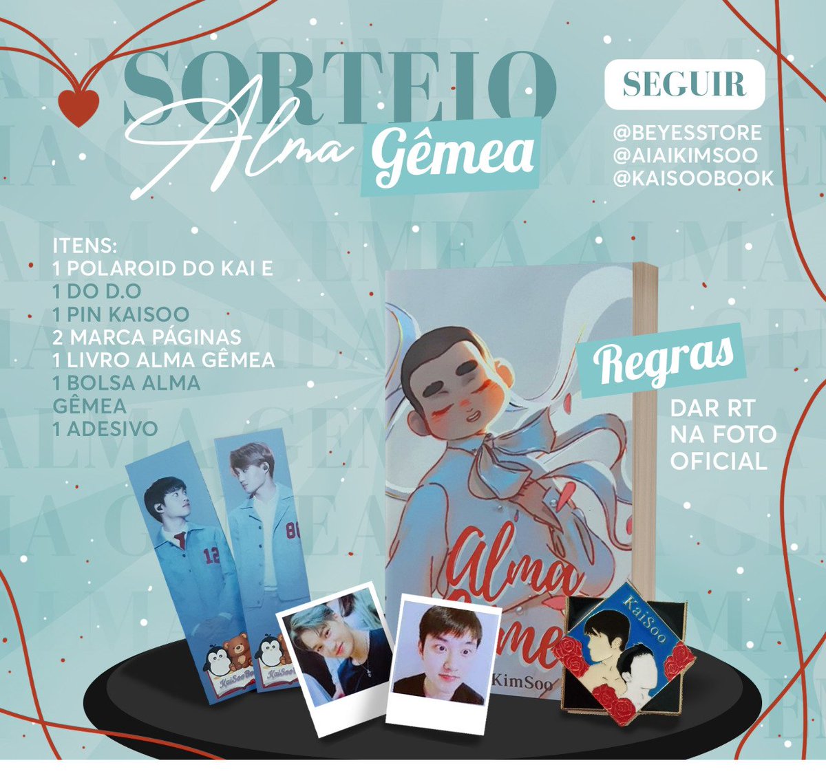 AiAikimsoo's tweet photo. ⚠️SORTEIO DE FICBOOK⚠️

Ei, você que não conseguiu comprar o ficbook Kaisoo de Alma Gêmea, eu, @KaiSooBook e a @BEyesStore estamos fazendo um sorteio em que um dos brindes é 1 pin KaiSoo!

O sorteio ocorrerá dia 22/11

As regras estão no banner. Você vai ficar de fora? https://t.co/oJdbGKLbrA