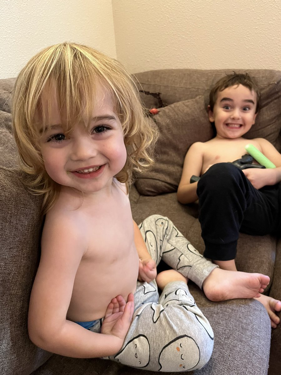 Shirtless movie night as we all recover from a nasty cold. 

There's nothing in the world that I'm more thankful for than these boys &amp; their dada. 🧡💙💚