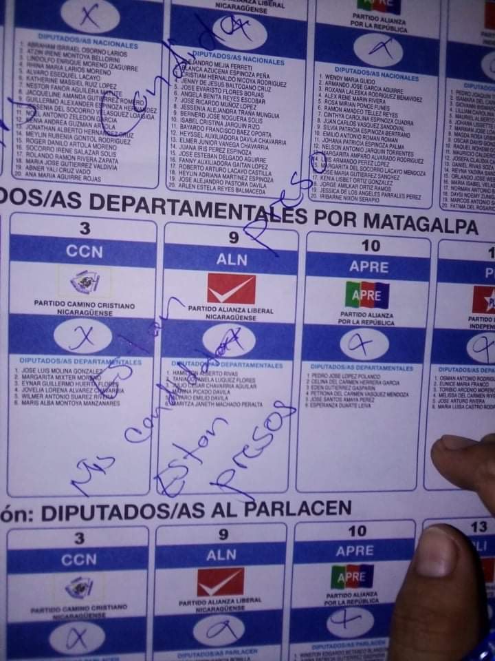 AUNNicaragua's tweet photo. El güegüense también se manifestó votando nulo y dejando mensajes de repudio a la satrapía sandinista. 
#SOSNicaragua #MiCandidatoEstaPreso https://t.co/0TPQiHGptm