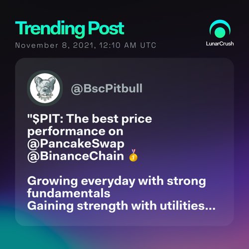 Henry40164610's tweet photo. Trending on #LunarCrush:

"$PIT: The best price performance on @PancakeSwap @BinanceChain 🥇

Growing everyday with strong fundamentals
Gaining strength with utilities in Ecosys..." via @BscPitbull

Top coin mentions
$btc $cake $pit $cuminu

https://t.co/cxAnOrtK5x #LunarShare https://t.co/gp6wZ0WAoc