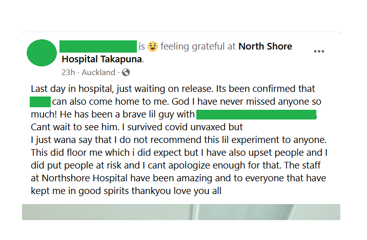BobbyMiller202's tweet photo. Just read the FB story of the Auckland man who intentionally contracted Covid because he didn't think it was serious. Ended up hospitalised and pretty ill, and passed it onto his son.🤦

Suffice to say he is quite apologetic. His prior posts have an anti-health slant. #COVID19nz https://t.co/5Nv3pcZsjx