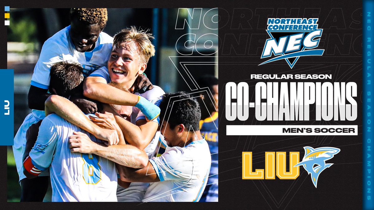 NECsports's tweet photo. We played 9 conference matches just to end up in a dead heat.

Shoutout to @LIUAthletics &amp; @SFBKTerriers, the @necmsoccer regular season co-champs. 👊

By virtue of its H2H win today, the 🦈 will be the top seed &amp; host the four-team #NECMSOC Tournament on November 12 &amp; 14. https://t.co/lJPvrsOaXN