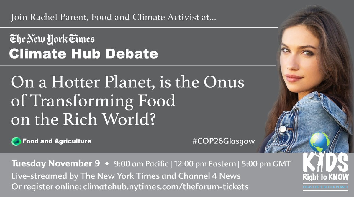 RachelsNews's tweet photo. Honoured to participate at the @nytclimate debate on #food and #climatechange. Join us on Nov. 9 for this discussion #COP26Glasgow It'll be live-streamed by both @nytimes and @Channel4News Reserve your virtual &amp; in-person tickets at https://t.co/u8yZyUpkOS #nytclimatehub #cdnpoli https://t.co/MYJRIrq8KR