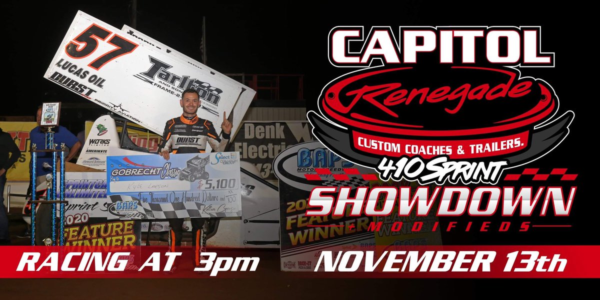 bapsrace's tweet photo. Who would like to see @KyleLarsonRacin run next Saturday November 13 @CapitolRenegade sprint showdown presented by @FKrodends ? 

Retweet and let’s get him here! 

Head to the website to purchase your tickets! https://t.co/KKWjB6fPaX
