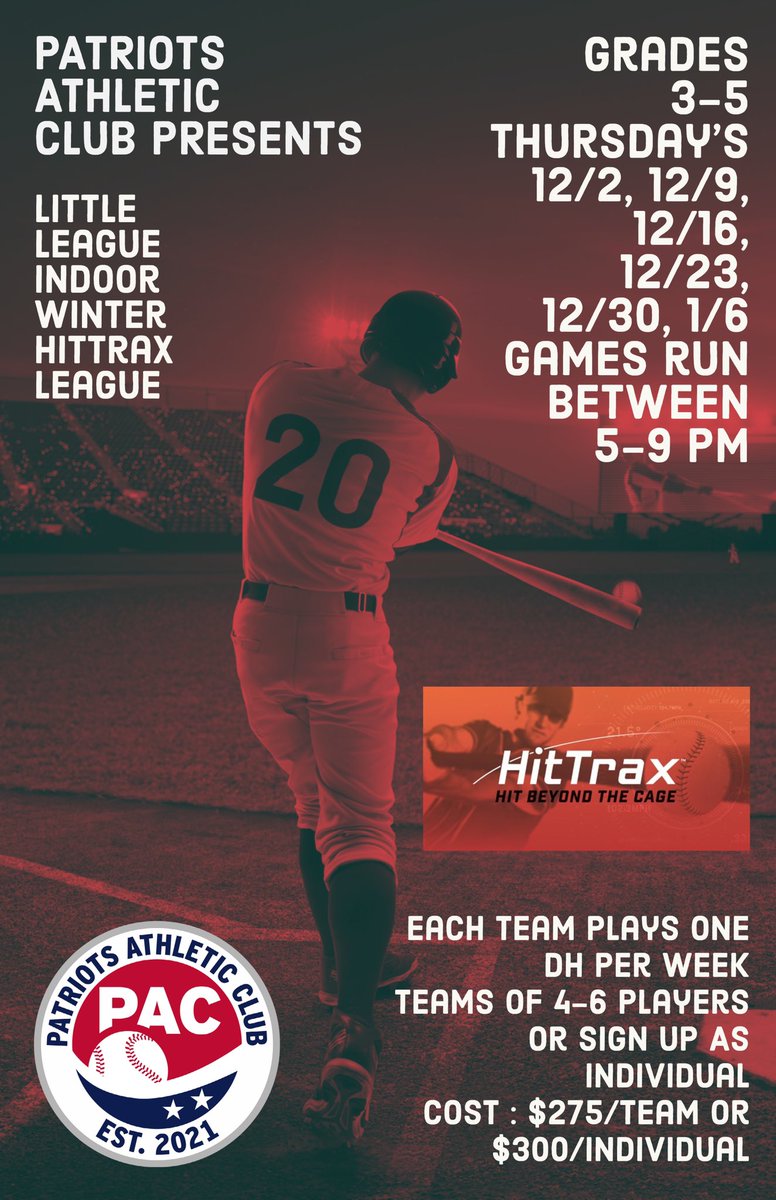 Patriots Athletic Club Indoor Winter HitTrax Leagues 

To sign up use the link below ⬇️ 

patriotsathleticclub.ezfacility.com/OnlineRegistra…