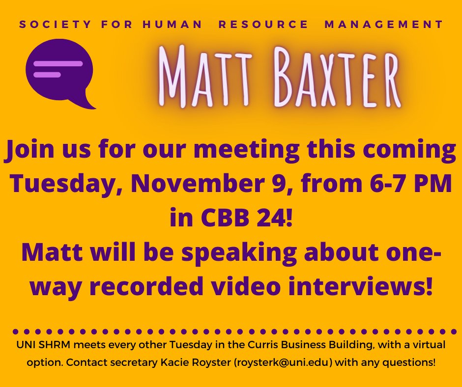 unishrm's tweet photo. We are excited to have Matt as a speaker for our meeting on Tuesday! Join us in person or virtually. Hope to see you there!!

Visit our website https://t.co/AdxBIF4GD1 for all things UNI SHRM related! https://t.co/Cutgi7WduC
