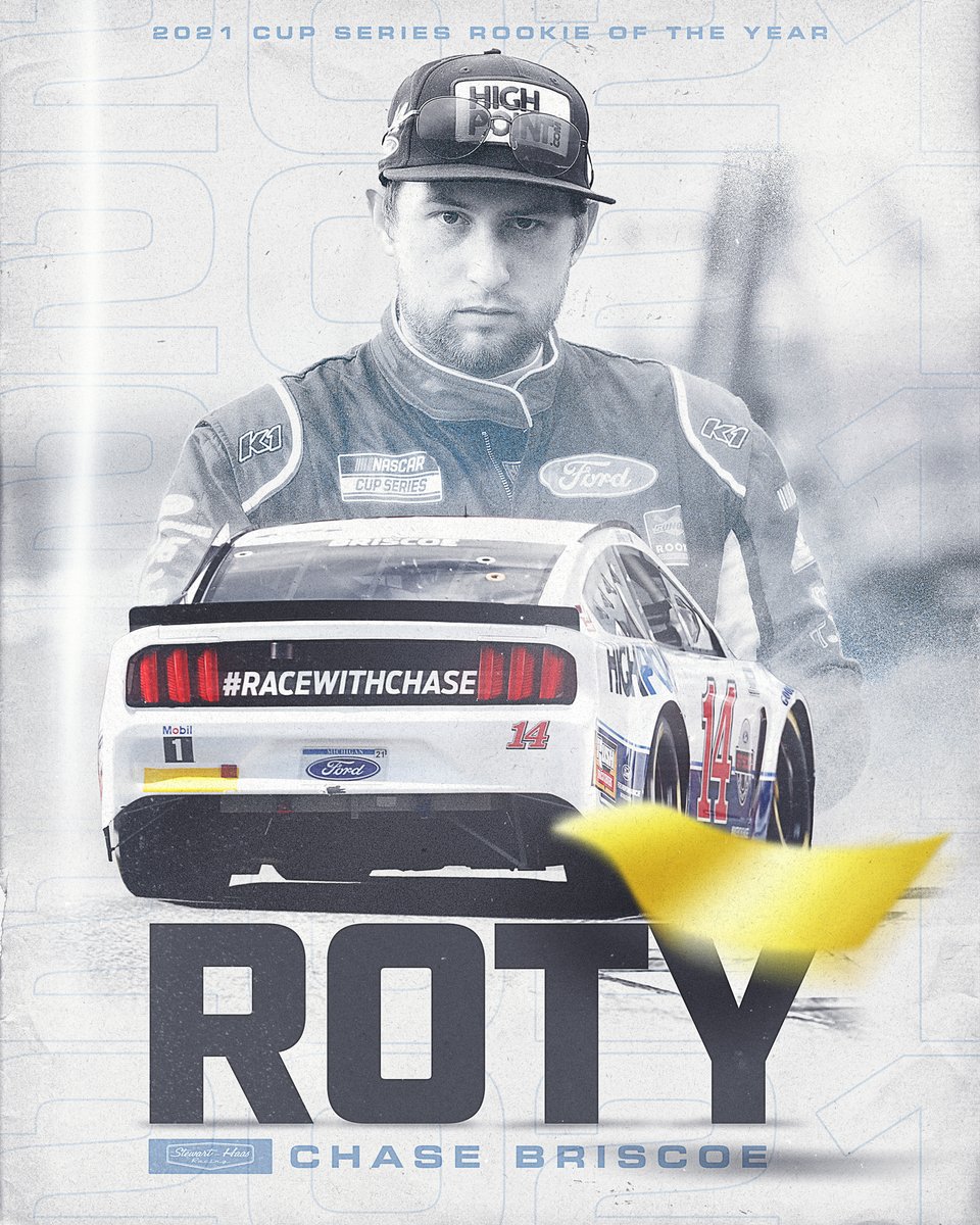 HaasFactoryTeam's tweet photo. Drove the stripes off that thing, @ChaseBriscoe_14.

Congratulations to the 2021 NASCAR Cup Series Rookie of the Year! https://t.co/DUcimTWsQG