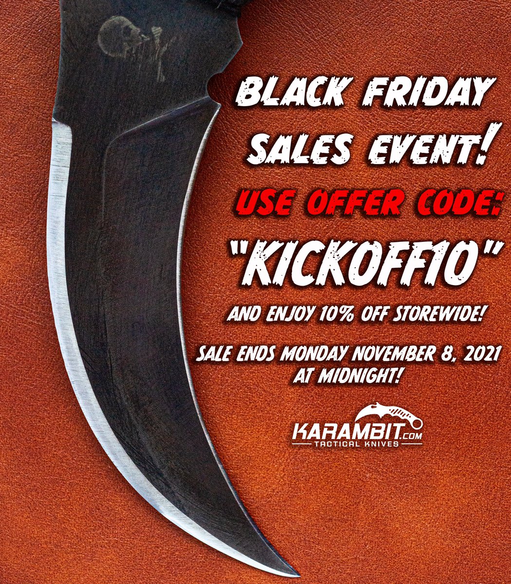 Karambits's tweet photo. Enjoy 10% OFF your order when you use offer code: “KICKOFF10” at https://t.co/ysODLEov3Z. #karambit #silat #mensgear #mensgifts #dailybadass #BlackFriday2021 #BlackFridayDeals https://t.co/GrzPcCHPIU