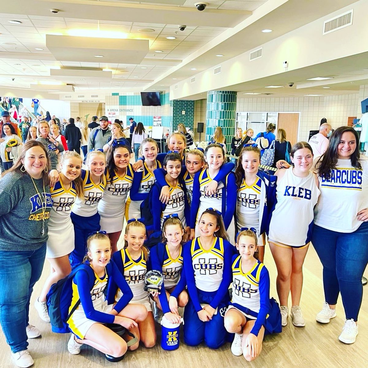 Smith__Amy's tweet photo. Competed at UCA Houston Regionals today and we walked away with a bid to Nationals! 💙💛 🇺🇸
@UCAupdates @KleinISD @KlebCheer @KlebKISD #proudcoach #ucaregionals #hardworkpaysoff #nextstoporlando https://t.co/eAnvVBjKCz