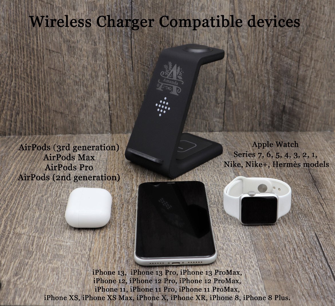 TheGiftUSA's tweet image. Personalized 3in1 Wireless Charger Stand with your text or logo. It charges iPhone, Apple Watch and Airpods simultaneously. #Apple #wirelesscharger #applewatch #airpodscharger