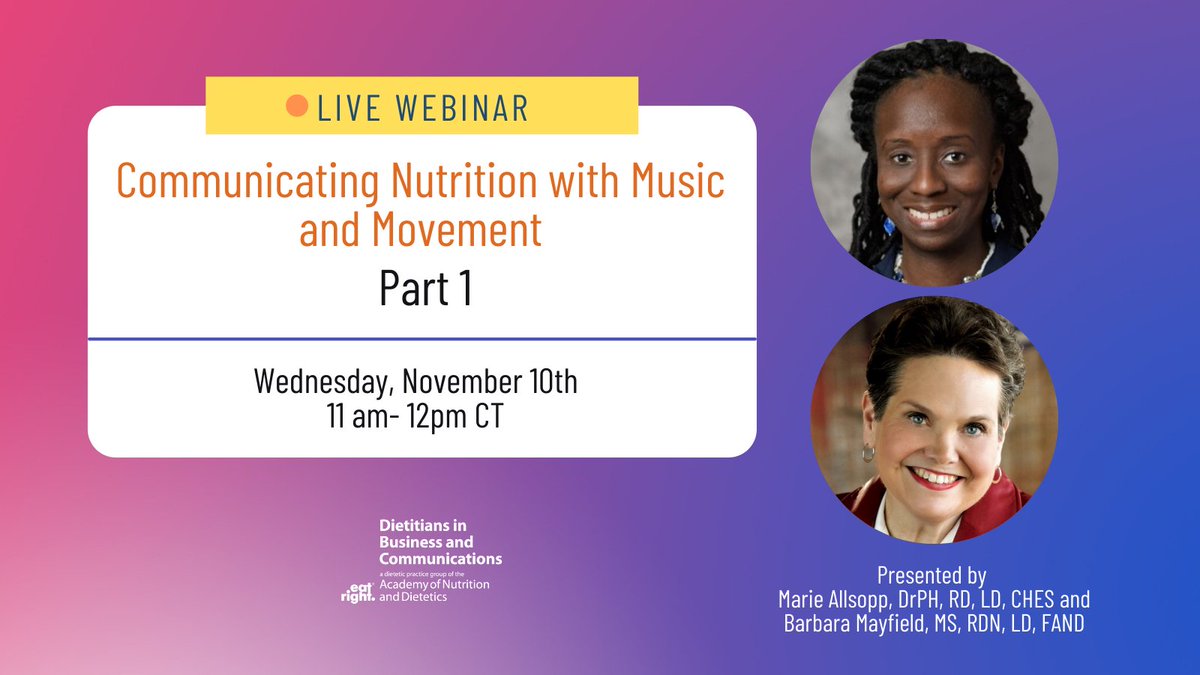 Join us THIS WEDNESDAY 11/10 from 11am-Noon CST for Carry FNCE® Forward - Communicating Nutrition with Music and Movement with Dr. Marie Allsopp, DrPH, RD, LD, CHES and Barbara Mayfield MS, RDN, LD, FAND

Free for DBC members

Learn more &amp; register TODAY: linktr.ee/dbcdpg