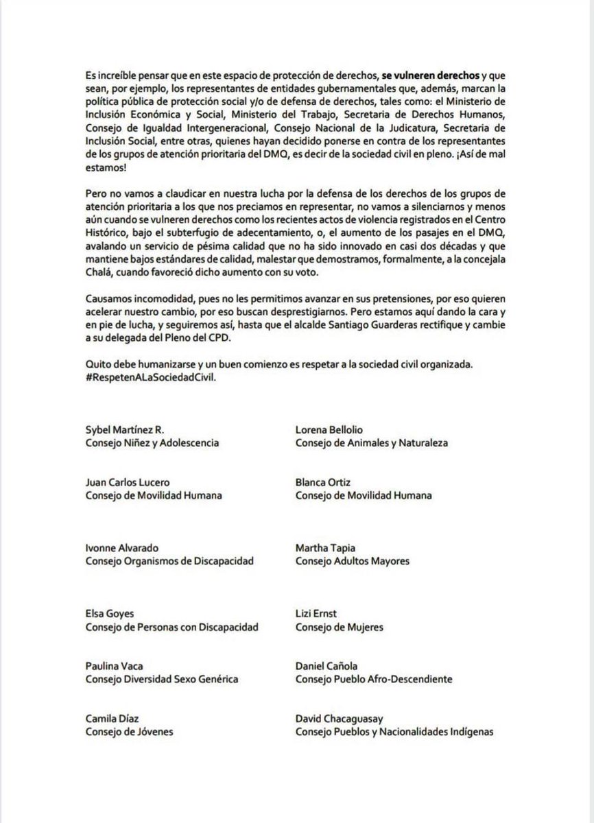 sybelmartinez's tweet photo. 🎯 ATENCIÓN: Como representantes de los Grupos de Atención Prioritaria del DMQ, estamos en pie de lucha, para evitar  que @DerechosQuito se convierta en un espacio politizado y manejado al arbitrio de los gobernantes de turno. Exigimos que #RespetenASociedadCivil @santiguarderas https://t.co/dCyB4eUrVB