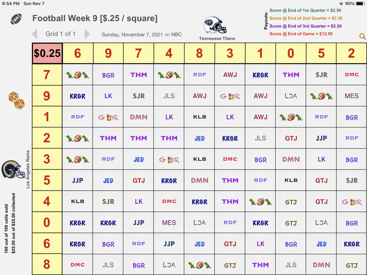 jdeecoop's tweet photo. Alright, we’re back! Beta Testing some new features! Recently added: a Randomizer button, allowing players to roll the dice and let the app pick a specified number of squares for them. 

So here we go for Sunday Night Football! Good luck to this week’s players.  #FootballGrid2021 https://t.co/6dEQENxeAw