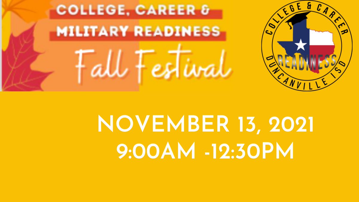 DvilleCTE's tweet photo. 📌📌SHARE!  SHARE! SHARE!📌📌
Make plans to attend the College, Career, and Miltary Readiness Fall Festival, November 13th.

Have your questions answered surrounding college, career, &amp; military readiness!

This event is for middle &amp; high school students! https://t.co/3THW7EwXDs