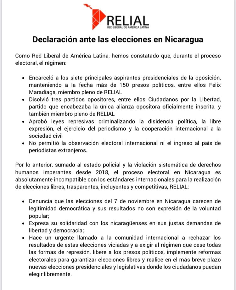 RELIALred's tweet photo. 🆘#RELIAL denuncia que las #elecciones del 7 de noviembre en #Nicaragua carecen de legitimidad democrática y sus resultados no son expresión de la voluntad popular. 
Comparte esta Declaración para sumar voces por la #Libertad y #Democracia en Nicaragua⤵️

https://t.co/0ufIbvPfon https://t.co/lNrCt8BB8j