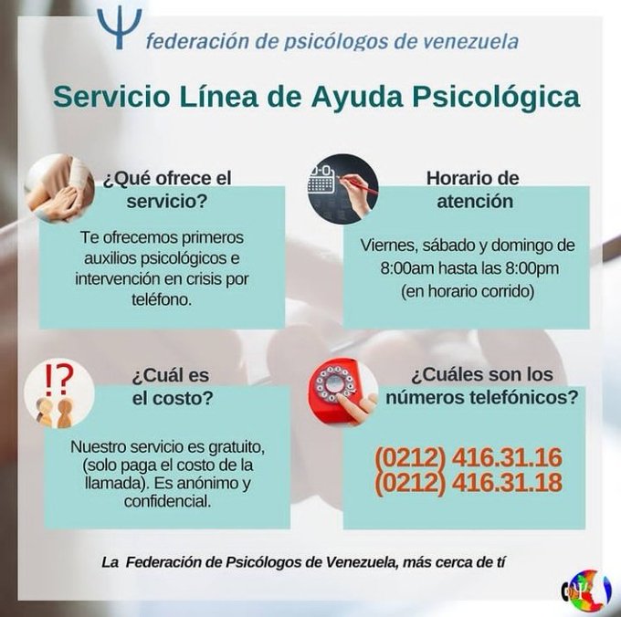 psicsiente's tweet photo. Atención psicológica inmediata y gratuita en #Venezuela.
@fpv_vzla
02124163116 y 02124163118
@svpsiquiatria
lineaatencionsvp@gmail.com
@Psfvenezuela
whatsapp 04125507600 y 04242925604 atencionemergenciaspad@gmail.com
B.
 #Tristeza #SaludMental #Soledad #Duelo https://t.co/o71LSazEWL