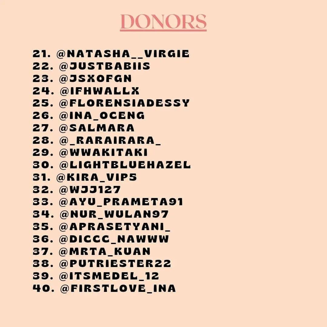 JaHome_ina's tweet photo. Berikut ini daftar nama donatur yang sudah berpartisipasi di project "Love You from DomJiw Indonesia". See you on the next project guys 🤗

#ด้อมจิ๋ว #DomJiw
#จาเฟริสท์ #JaFirst 
#DomJiwINA_Project https://t.co/wAQiss24OF