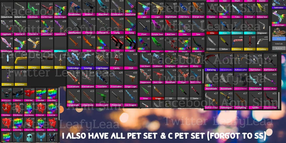 LeafyLeaa's tweet photo. Trading mm2 small sets , chromas set , godlies Also have nebula

LF :  rh halos , rh items , rhd , rh sets , amp , robux , toycode , limited

#royalehigh #royalehighgiveaway #mm2 #rh #royalehighselling
#mm2items #mm2godlies #mm2giveaway #royalehighhalos 

Rt r vv appreciated https://t.co/QmQCt2QTDy