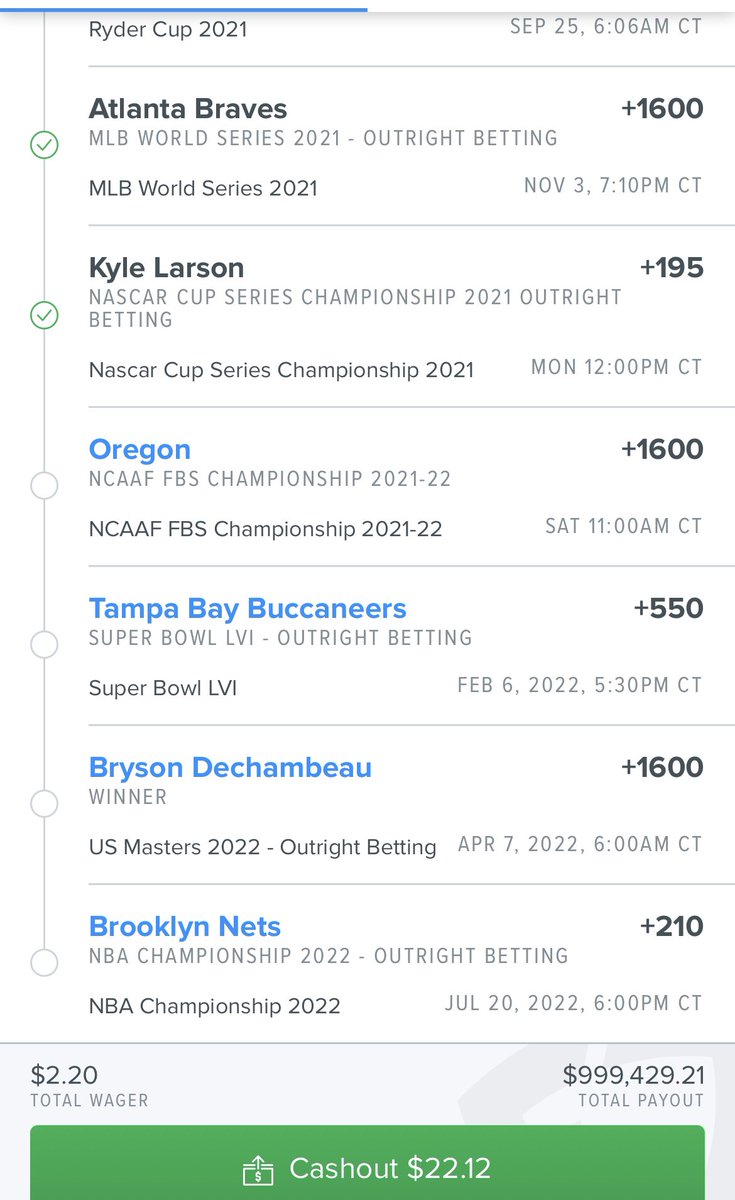 CriminalPicks's tweet photo. Checked another one off today ✅. 4 more for 350K or 999K. We let em both ride! Cashing out is not an option 💵 🙏🏼 @FDSportsbook #NASCARPlayoffs #NFL #FanDuel #GamblingTwitter #NBA #TheMasters #NCAAF #Braves #ChopOn https://t.co/QFFu29lfMk