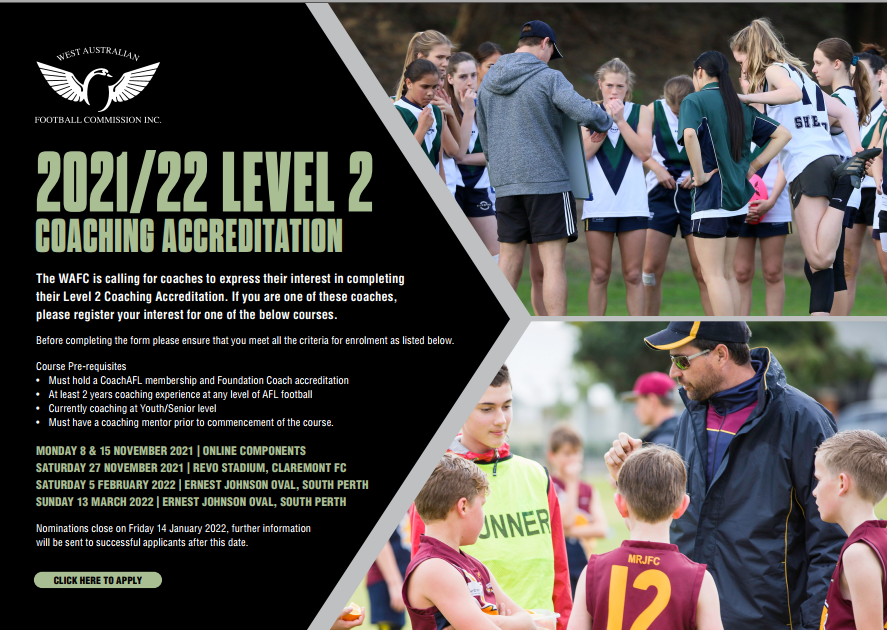 The WA Football Commission are seeking expressions of interests for upcoming Level 2 coaching courses. To express your interest and for more information: bit.ly/31x7Avr