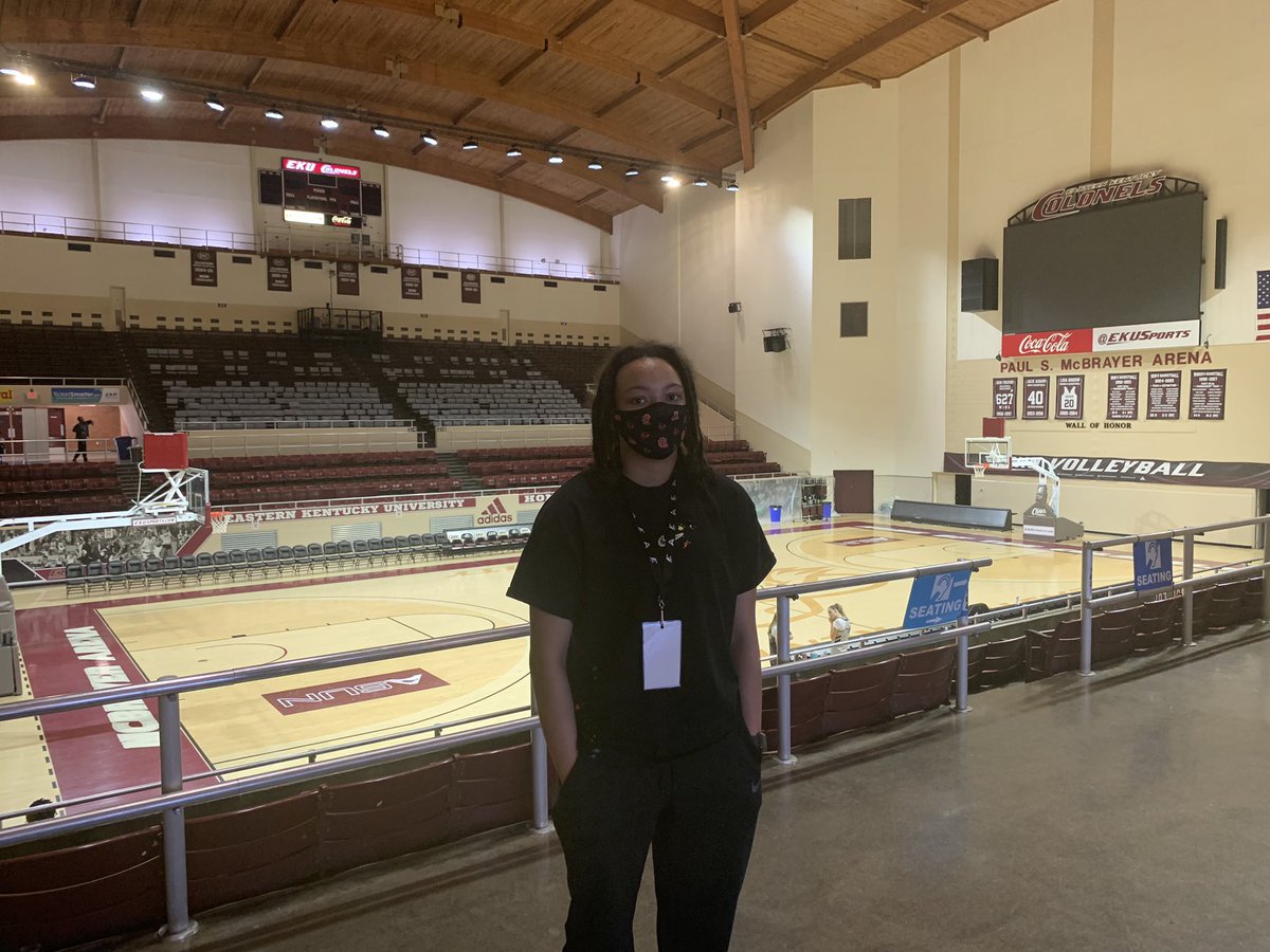 BrianMabe1's tweet photo. Thanks to @EKUWBB for allowing Skeeter and the other ladies up today to watch things. @CoachAbbyO thanks for taking the time to speak with her. @BoysGirls13th #thecampusbeautiful. #beagoldfish #7thgrader #tallPG https://t.co/pBYa7kpguW