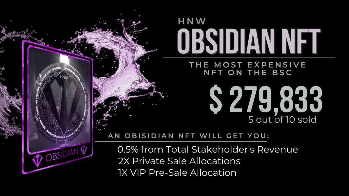 Official_HNW's tweet image. Behold, the most expensive #NFT in BSC!

Our #HNW Obsidian NFT priced at $279,833 (roughly 437 BNB) has bested ALL NFTs sold on the @BinanceChain— and there's only 5 out of 10 left! 😱

Each Obsidian NFT gives you 0.5% of the Stakeholder's Revenue! Buy Now!

#HobbsNetworking