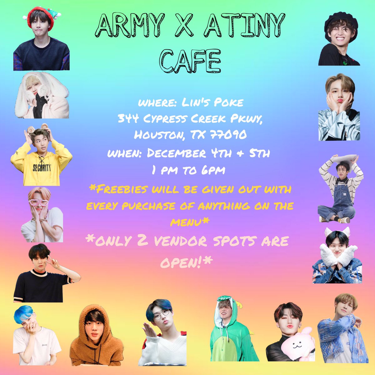 KpopSouthern's tweet photo. The time has come! A Army x Atiny Cafe is in the works for Houston!
all details are below❣️ also yes tier 1 gets a raffle entry and tier 2 gets 2 raffle entries

venders, pls dm me if youd like a spot!

#TXCupSleeve #Kpop #BTSARMY #Atiny #ATEEZ #BTS_twt #ATEEZ #에이티즈 https://t.co/8LPLREaQ2l