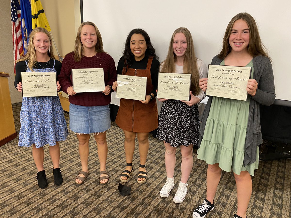 STP_GirlsSoccer's tweet photo. We had our end of the year banquet tonight and got to celebrate the success of our teams! 

All conference: Adrianna, Katie, Grace

Off. Player: Grace 
Def. Player: Sam
SAINTS: Ryenne
Positive Attitude: Adrianna
MVP: Katie 

Highest GPA: Rachel, Audra, Adrianna, Ellie and Grace https://t.co/QzxMp0IFes