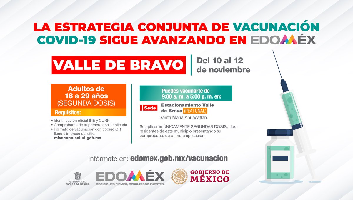alfredodelmazo's tweet photo. Del 10 al 12 de noviembre estaremos aplicando la segunda dosis a personas de 18 a 29 años en #ValleDeBravo. #EstrategiaDeVacunación https://t.co/EhHGxzWbcq