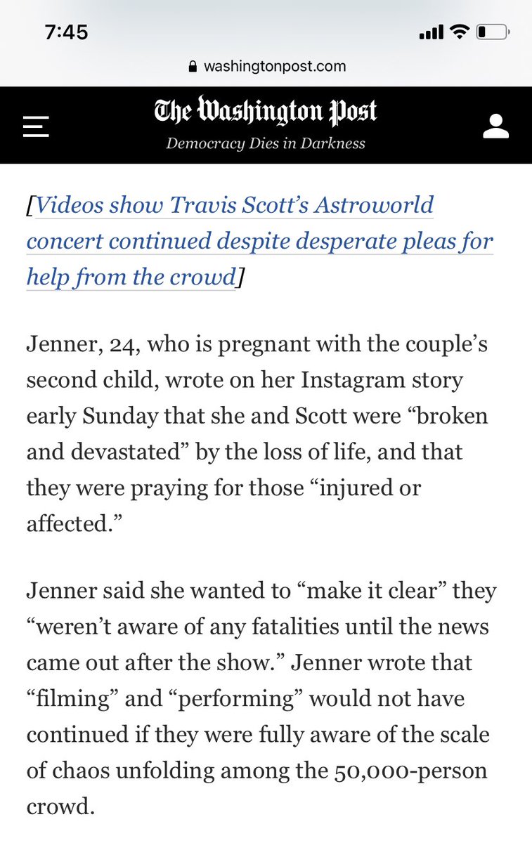 JordynWilsonPR's tweet photo. I also find it interesting that @KylieJenner stated she and Travis “weren’t aware” of the severity of the situation after posting videos of ambulances rescuing people from the crowd on her Instagram story. @washingtonpost #MediaEdit https://t.co/BVf4sDL0Qs