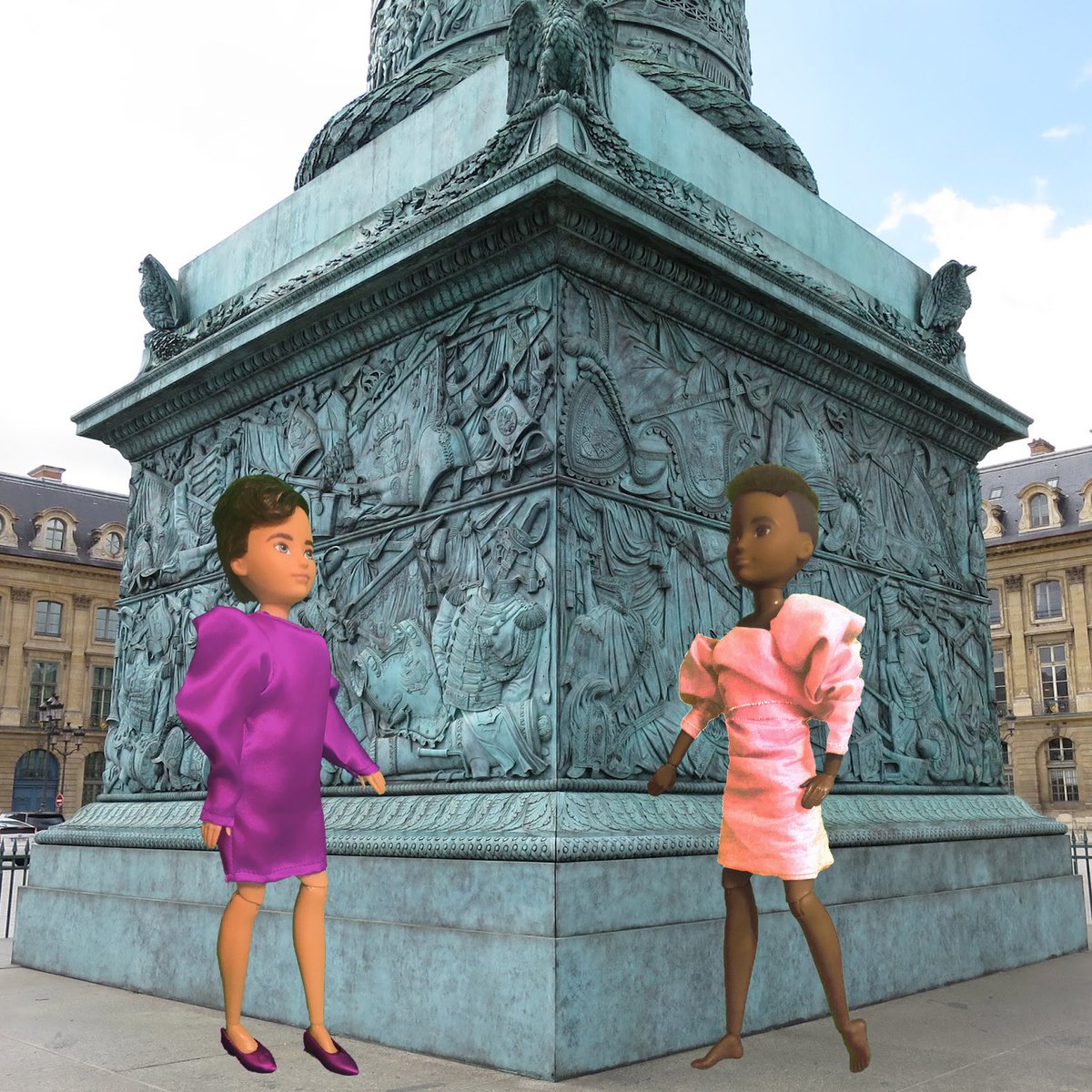 Fashion4CW's tweet photo. Robin has been joined in Paris by Ayo and they are playing around the Vendôme Column, both wearing Lanvin dresses in honour of designer Alber Elbaz, who passed away earlier this year. Robin in fall 2007 and Ayo in spring 2010. #creatableworld #mattel #alberelbaz #lanvin #paris https://t.co/FwXTvO3HOy