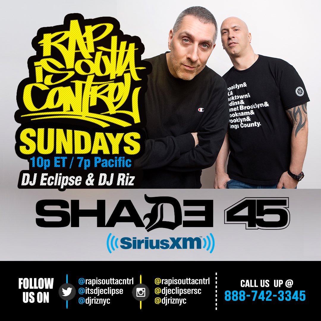 RapIsOuttaCntrl's tweet photo. Tune into @RapIsOuttaCntrl at 10pm Eastern / 7pm Pacific with @ItsDJEclipse &amp; @djriznyc tonight on @Shade45. https://t.co/n4aWjHJZrT