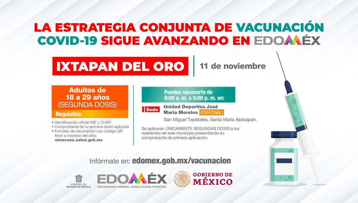 alfredodelmazo's tweet photo. El 11 de noviembre estaremos aplicando la segunda dosis a personas de 18 a 29 años en #IxtapanDelOro. #EstrategiaDeVacunación https://t.co/OJxiKhbUdy