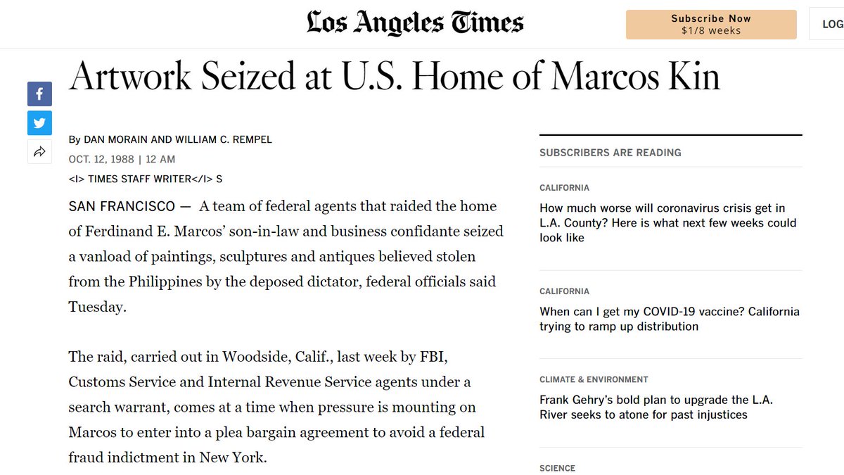 SaltAndReality's tweet photo. Irene Marcos is not innocent of the family corruption. In 1988 Irene's California home was raided by the FBI &amp; found 17th &amp; 18th Century artworks &amp; antiques that Imelda bought in 1981 for almost $6million to furnish her NY townhouse. The family that steal together, stays together https://t.co/bo9MuPOr1f