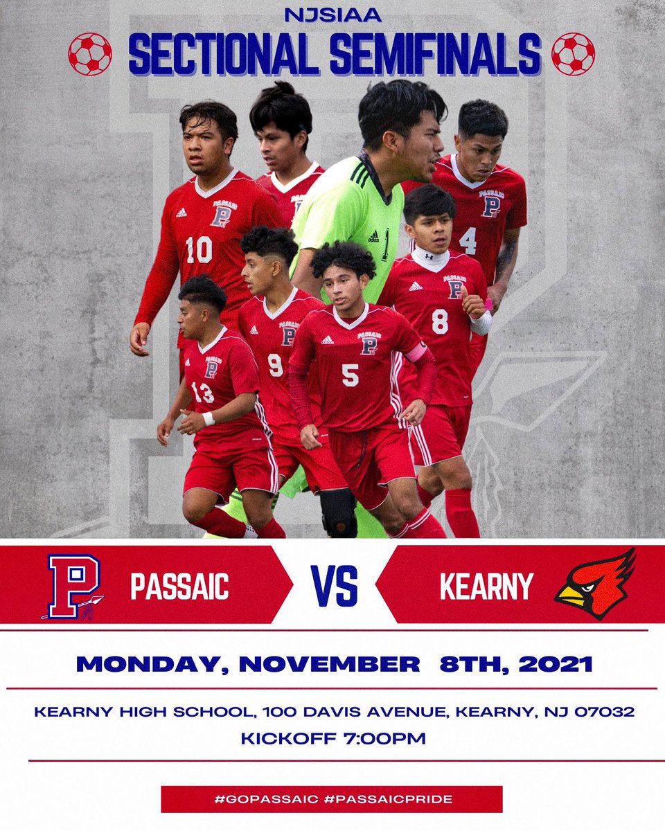 PassaicSchools's tweet photo. On to another semifinal! Come show your support tomorrow as our Boys Varsity Soccer Team take on Kearny in the NJSIAA Sectional Semifinals! ⚽️🔴 #GoPassaic #PassaicPride https://t.co/msh9CBVBFU