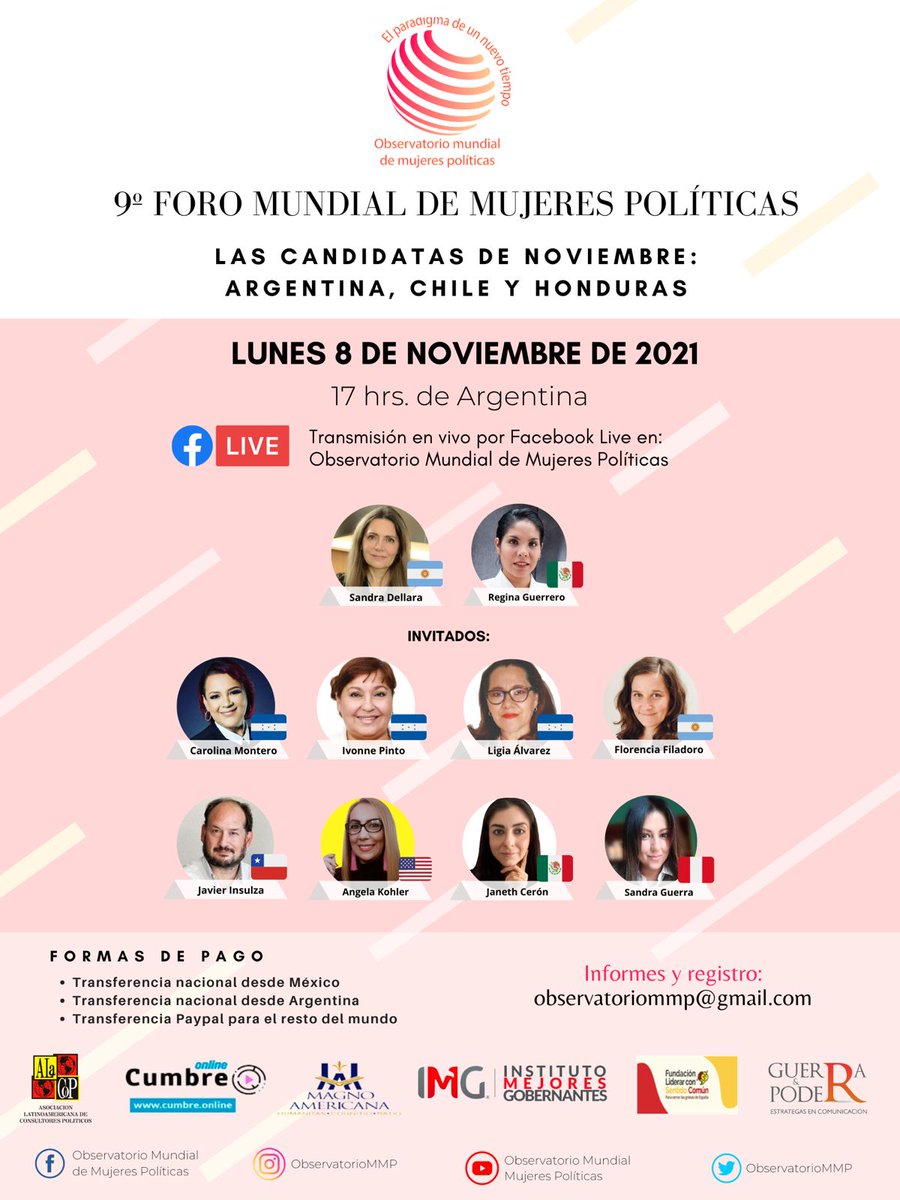 GuerraSandra_'s tweet photo. Cada 08 el @ObservatorioMMP realiza un foro que analiza la  coyuntura sobre #mujerespolíticas Esta vez toca el tema de las candidatas de noviembre: 🇦🇷🇨🇱🇭🇳.

Será transmitido por el facebook del Observatorio desde las 17 horas 🇦🇷

Nos vemos...

#observatoriomujeres #compol https://t.co/n5WPe6AArb
