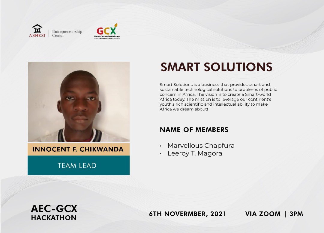 AshesiEntCenter's tweet image. Congratulations🎊 to team “SMART SOLUTIONS” for winning 1st  Prize in the AEC-GCX Hackathon

#AECGCXhack #VirtualHackathon #ashesientship

Theme: Contributing to the Agricultural Economic Transformation through Innovation.